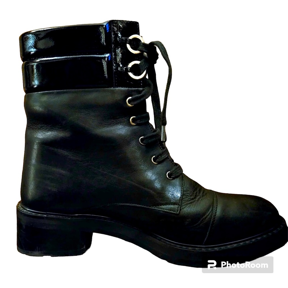 FABIANELLI ~ BLACK LEATHER & PATENT COMBAT FASHION ANKLE BOOTS EUR 41/ US 10